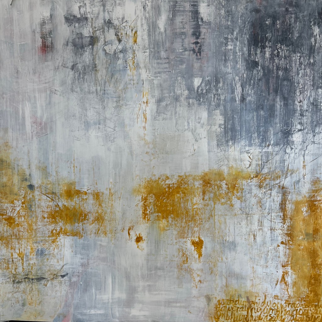 Payne's grey, white and mustard coloured abstract paintings